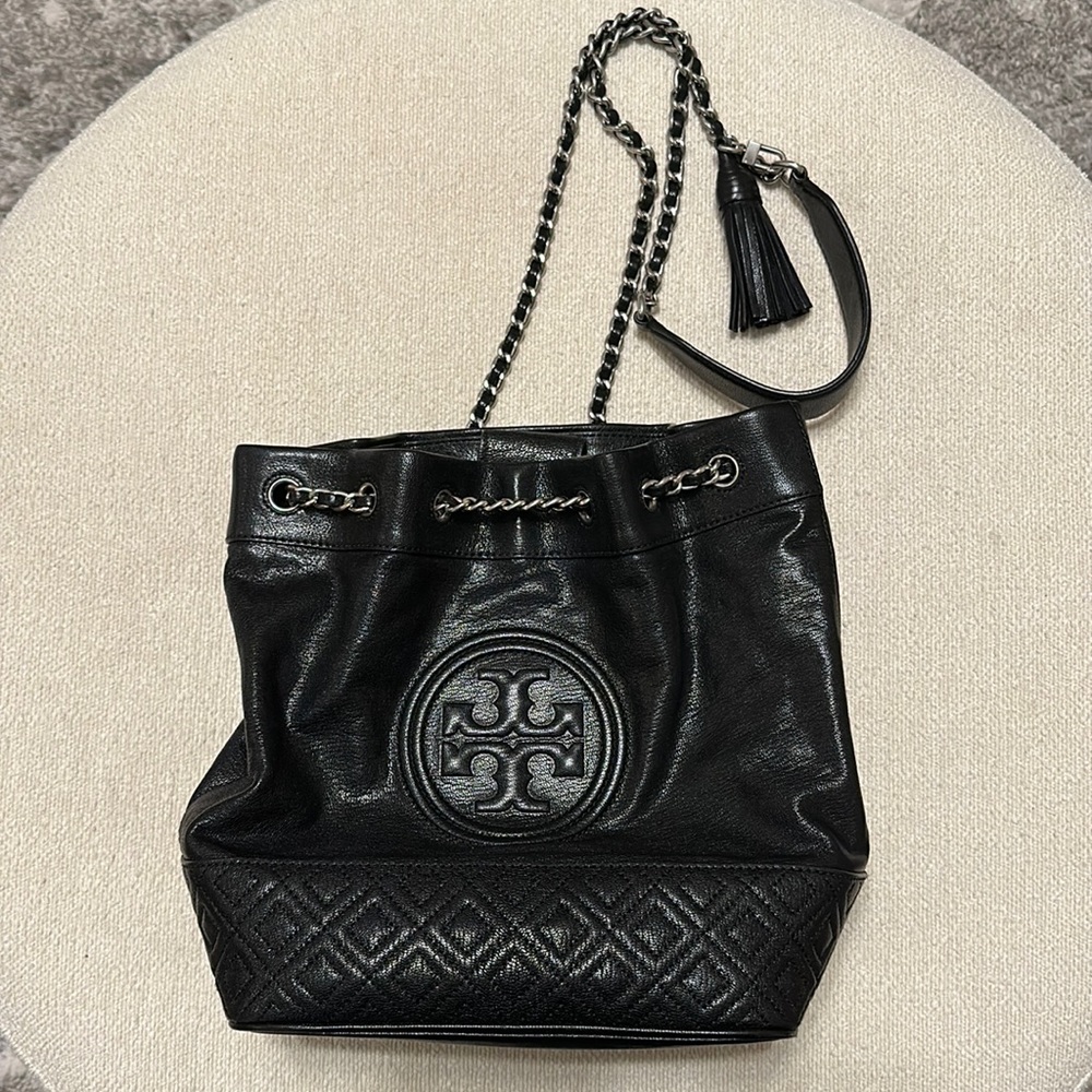 Tory Burch Fleming black medium bucket bag